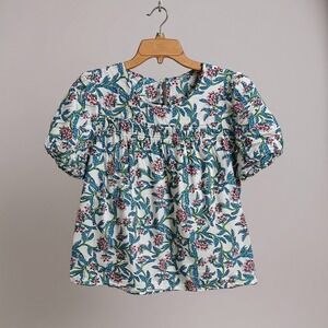 J.Crew Floral Puff Sleeve Blouse Women Medium Cotton Short Sleeve Top